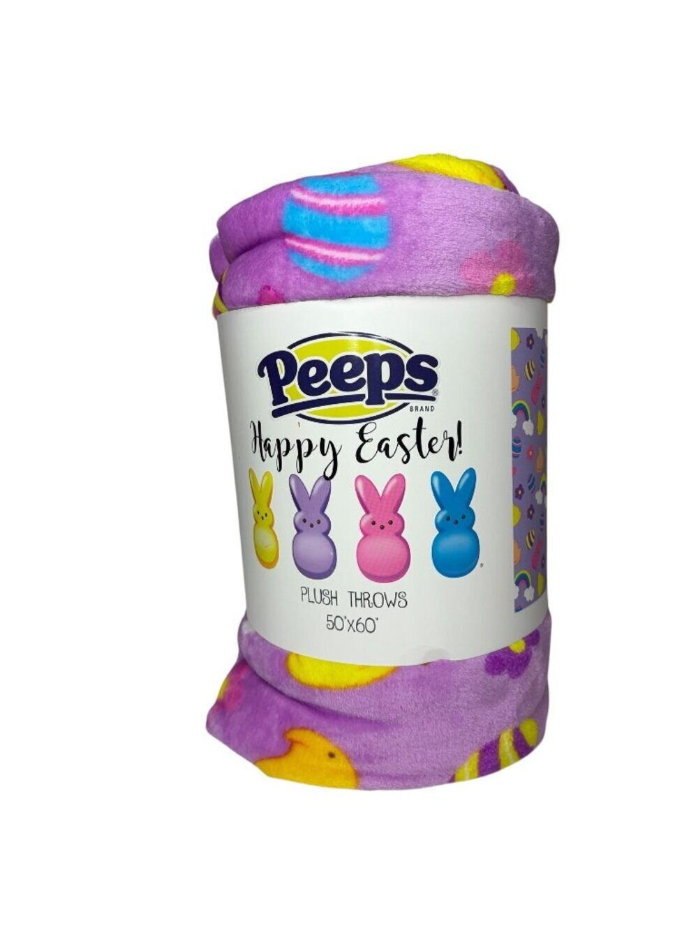 Peeps Brand Happy Easter Plush Throw Purple Easter Egg Chick Rainbow Blanket New